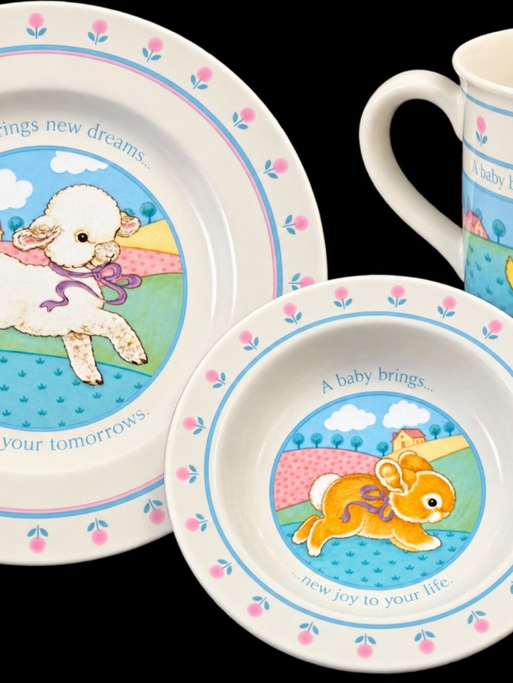 1984 Hallmark Baby Dish Set Plate Bowl Mug Bunny Lamb Ducks Japan